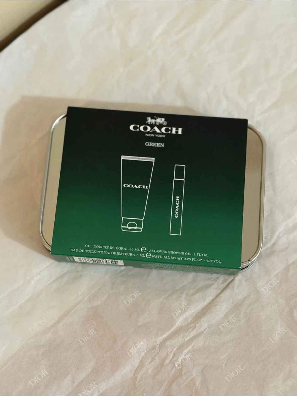 COACH Green Travel Bath & Body Set with Silver Tin